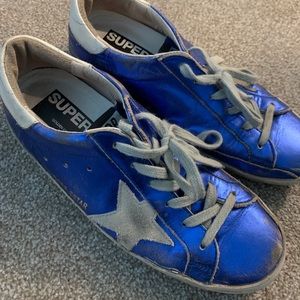 blue shiny golden goose superstar leather trainers